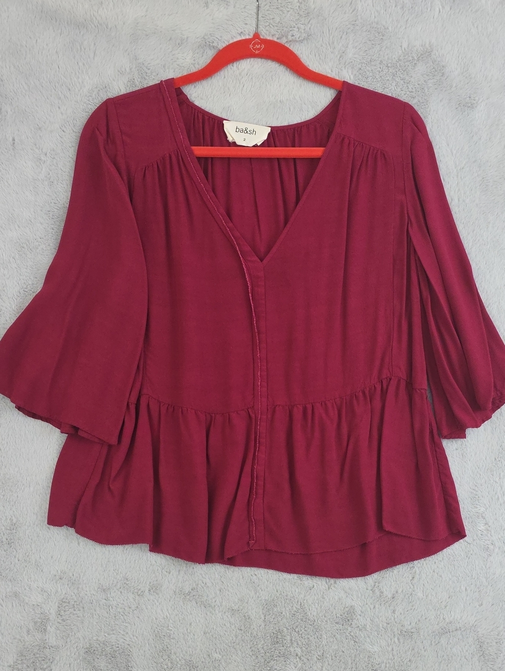 ba&sh Burgundy Peplum Blouse Size 2 Bell Sleeve V-Neck Boho Top